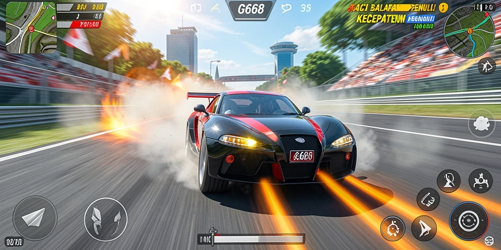 Tampilan gameplay balapan seru dengan mobil cepat dan trek menarik.